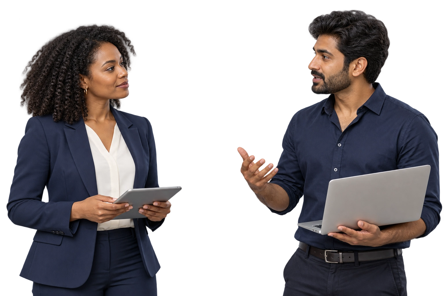 Illustrative image of a business lead and an engineer in a working conversation.