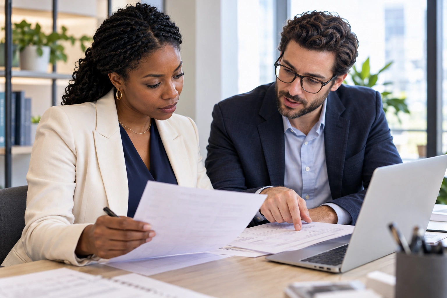 Finance colleagues checking an invoice and its supporting records.